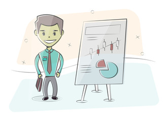 Businessman and graphs on white board. Presentation concept, seminar, training, conference. Character man in cartoon style.