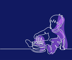 Continuous line drawing. Little boy with birthday cake. Vector illustration on dark blue background