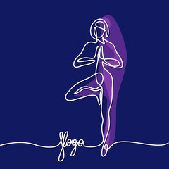 Continuous line drawing. Woman doing exercise in yoga pose. Vector Illustration dark colors