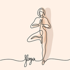 Continuous line drawing. Woman doing exercise in yoga pose. Vector Illustration soft colors