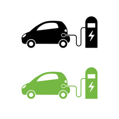 Electric car and electrical charging station icon. Hybrid Vehicle symbol. Eco friendly auto or electric vehicle concept.