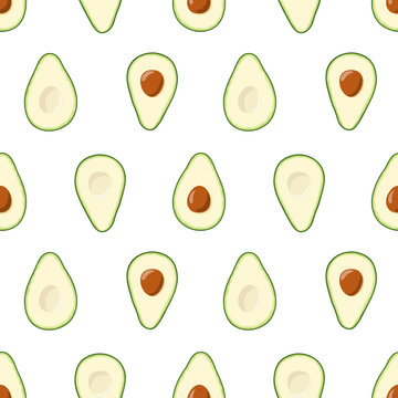 
Seamless pattern with sliced avocado. Halves of green ripe avocado with seed on white background. Vector seamless pattern.