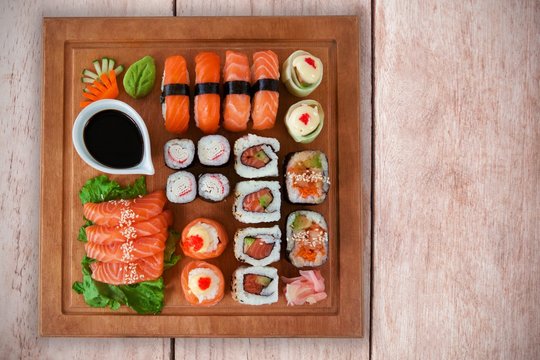 Composite image of close up of multi colred food