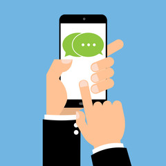 Businessman hand with smartphone and chatting bubble speeches on blue background. Vector illustration concept of online talking speak conversation and dialog design.