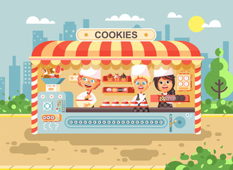 Vector illustration cartoon characters children, pupils, schoolboys and schoolgirls little business sale manufacture of baking cookies, muffins, stall meals, food, school task snack flat style