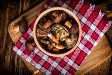 Forest mushroom in wooden bowl.