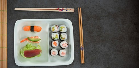 Composite image of high angle view of japanese food with