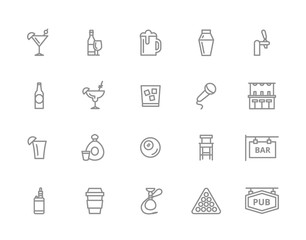 Set of vector alcohol and bar, night club line icons. Cocktail, wine, beer, cup, tequila, cognac, whiskey, shaker, whisky, karaoke, vape, shot, tap, billiard, hookah and more. Editable Stroke.