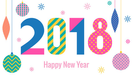 Stylish greeting card. Happy New Year 2018. Trendy geometric font in memphis style of 80s-90s. Digits and abstract christmas balls isolated on white background