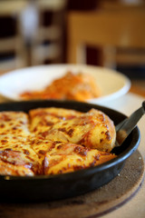 Pepperoni pizza , pizza with pepperoni mozzarella cheese and tomatoes with sauce background italian food