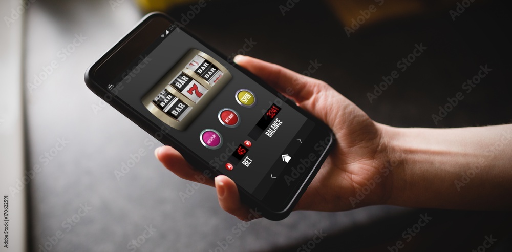 Poster composite image of slot machine with text and numbers on mobile