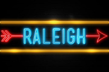 Raleigh  - fluorescent Neon Sign on brickwall Front view
