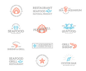 Fototapeta premium Set of retro vintage fish and seafood logo or insignia, emblems, labels and badges and other branding objects. Vector line style