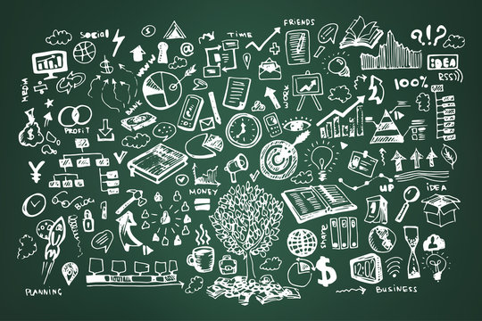 business doodle vector illustration. Icon and hand drawn elements, chalk icons on green board
