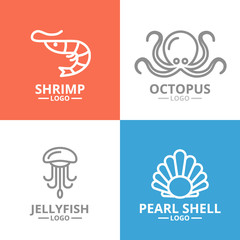 Obraz premium Set of jellyfish and seafood, shrimp, shell, octopus logo or insignia, emblems, labels and badge. Vector line style