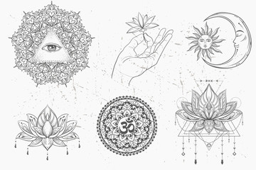 Mandala set and other elements. Vector. Mandala tattoo. , boho style, kaleidoscope, medallion, yoga, india, Arabic. circular pattern, sketch for tattoo