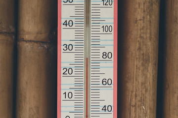 Closeup of household alcohol thermometer showing temperature in degrees Celsius and degrees Fahrenheit