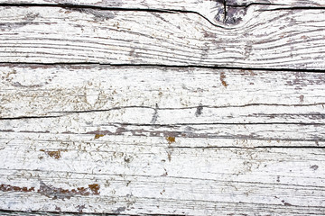 White and greyish painted cracked and peeling wooden wall board as texture background. Details of horizontal grooves on the dry weathered and old wood.