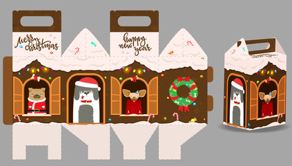 Printable gift gingerbread house with happy dogs. New Year Decor template house. Vector packaging design for sweets