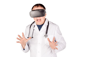 Medical doctor using virtual reality headset at his work.