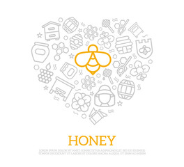 Vector honey thin line icons in heart shape design concept. Illustration for presentations on white background