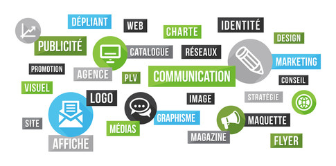 Communication, publicité et marketing - nuage de mots et icônes