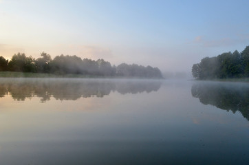 foggy morning lake summer