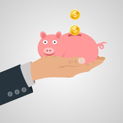 Hand put coin piggy save the money. Vector illustration