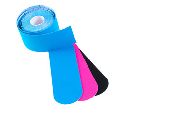 colorful kinesiology tape. Physiotherapy and therapeutic tape for wrist pain, aches and tension. elastic therapeutic tape. adhesive tape and alternative medicine.