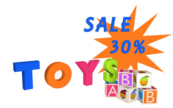 Toys als Schriftzug mit ABC Würfel und Würfel mit Emoticon und Sale 30%.