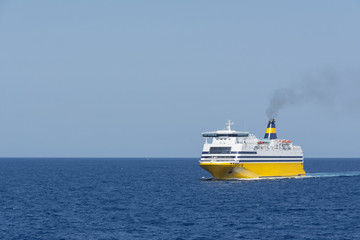 view of an yellow ferry at the calm blue sea