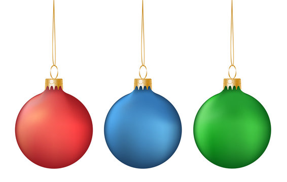 Vector set of realistic colorful hanging christmas balls isolated on white background