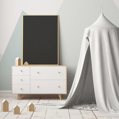 Mock up poster in the children's bedroom with a canopy. Scandinavian style. 3d
