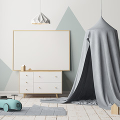 Mock up poster in the children's bedroom with a canopy. Scandinavian style. 3d © shuruev