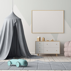Mock up poster in the children's bedroom with a canopy. Scandinavian style. 3d © shuruev