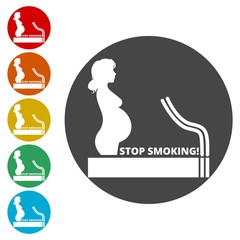 Stop smoking, poster pregnant woman silhouette icons set 