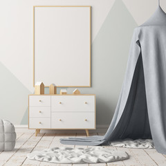 Mock up poster in the children's bedroom with a canopy. Scandinavian style. 3d © shuruev