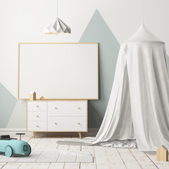Mock up poster in the children's bedroom with a canopy. Scandinavian style. 3d © shuruev