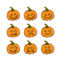 set of pumpkin for celebrating halloween, emotions and faces, flat icons