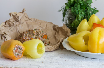 Fresh peppers and minced meat for cooking. Home cooking. Healthy food.