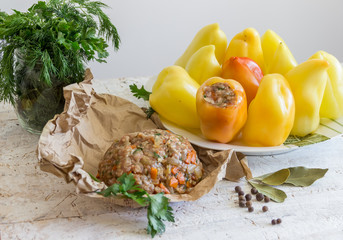 Fresh peppers and minced meat for cooking. Home cooking. Healthy food.