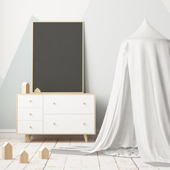 Mock up poster in the children's bedroom with a canopy. Scandinavian style. 3d © shuruev