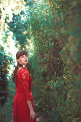 Beautiful young girl in a long red dress in an autumn park.