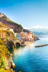 Poster Morning view of Amalfi cityscape on coast line of mediterranean sea, Italy © Aleh Varanishcha