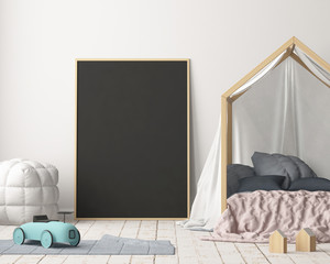 Mock up poster in the children's bedroom with a canopy. Scandinavian style. 3d © shuruev