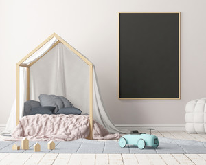 Mock up poster in the children's bedroom with a canopy. Scandinavian style. 3d © shuruev