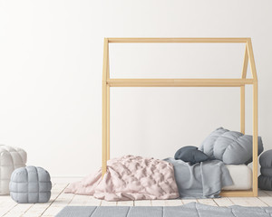 Mock up poster in the children's bedroom with a canopy. Scandinavian style. 3d © shuruev