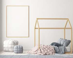 Mock up poster in the children's bedroom with a canopy. Scandinavian style. 3d © shuruev