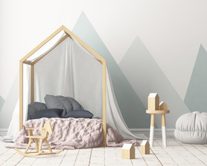 Mock up poster in the children's bedroom with a canopy. Scandinavian style. 3d © shuruev