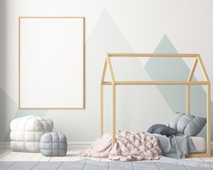 Mock up poster in the children's bedroom with a canopy. Scandinavian style. 3d © shuruev